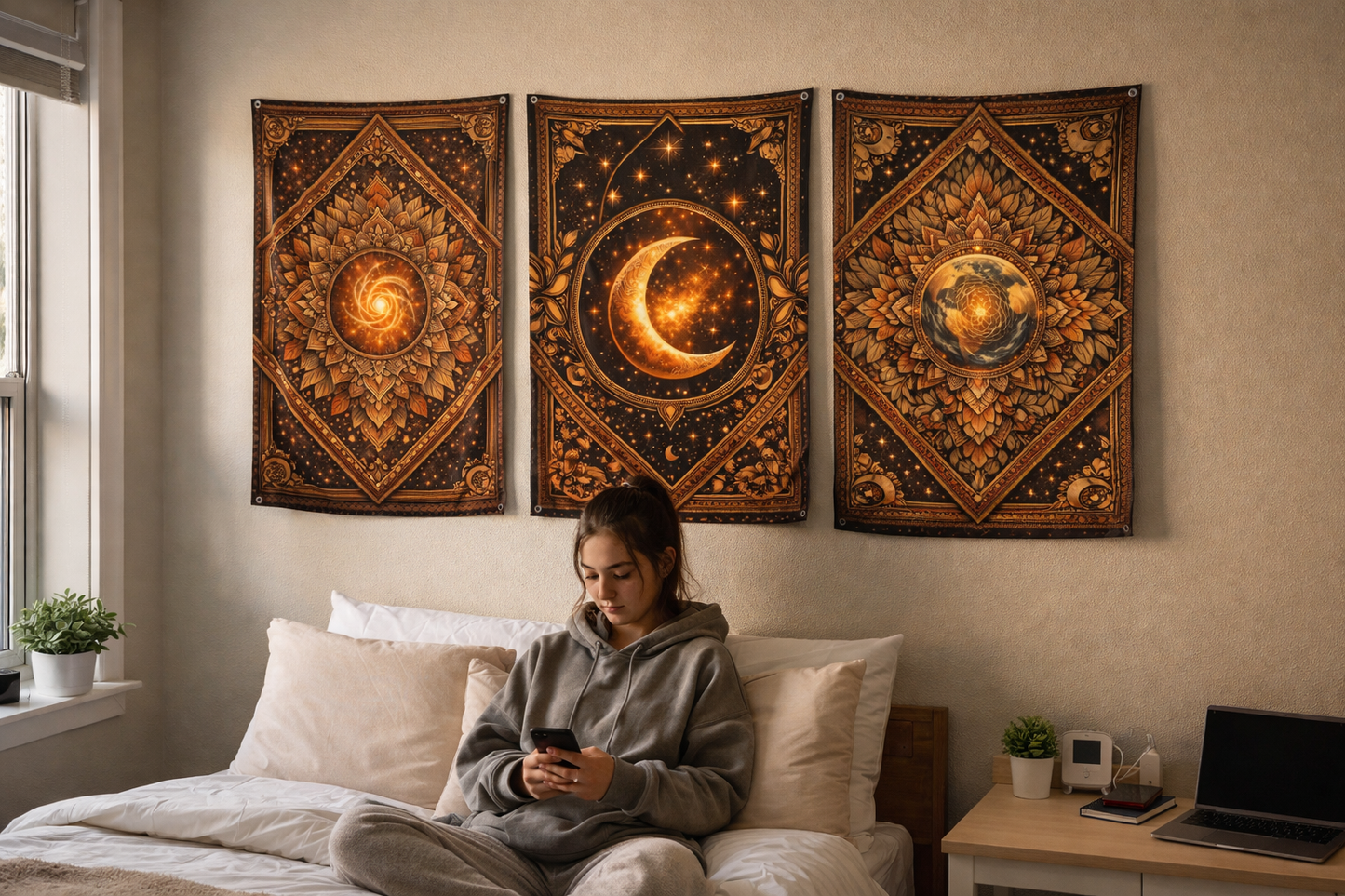 Boho Celestial Tapestry Set of 3 – Sun Moon Earth Wall Hanging, Mandala Wall Art, Aesthetic Room Decor, Spiritual Home Decor