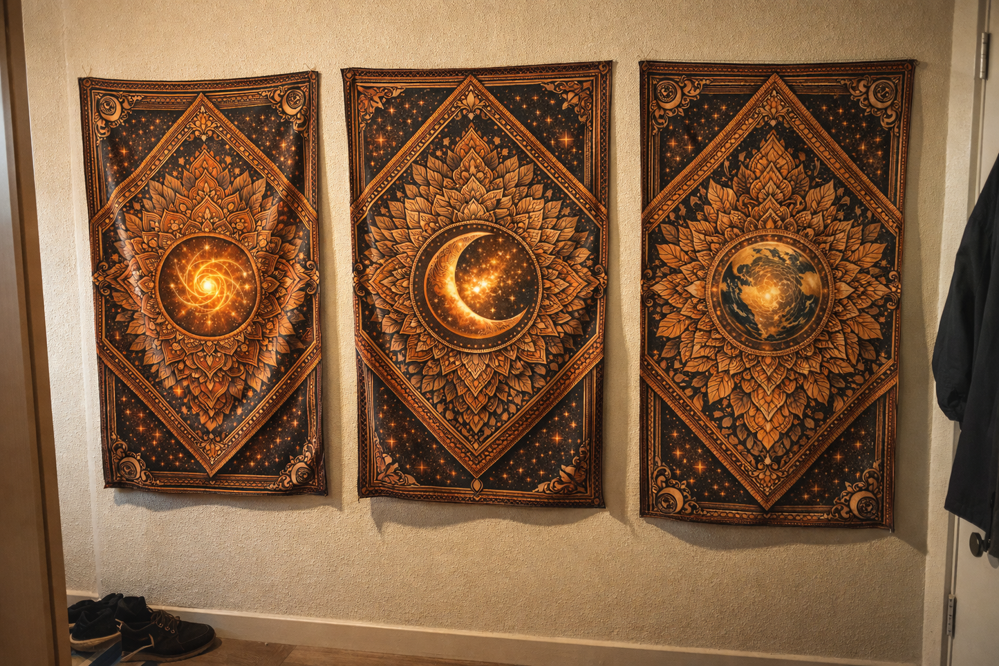 Boho Celestial Tapestry Set of 3 – Sun Moon Earth Wall Hanging, Mandala Wall Art, Aesthetic Room Decor, Spiritual Home Decor