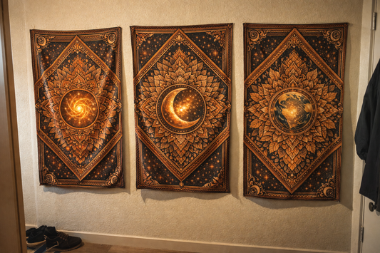 Boho Celestial Tapestry Set of 3 – Sun Moon Earth Wall Hanging, Mandala Wall Art, Aesthetic Room Decor, Spiritual Home Decor