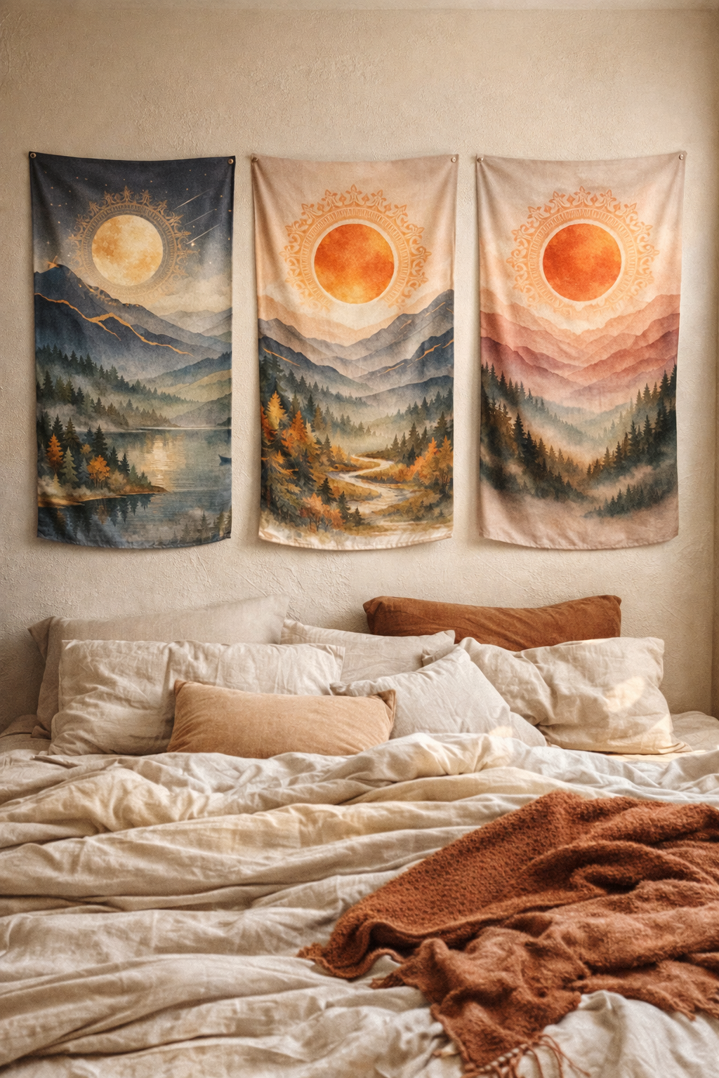 Boho Mountain Landscape Tapestry Set of 3 – Sunset & Moon Nature Wall Art, Forest Lake Triptych, Cozy Living Room Decor