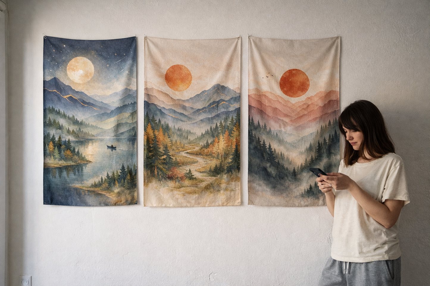 Boho Mountain Landscape Tapestry Set of 3 – Sunset & Moon Nature Wall Art, Forest Lake Triptych, Cozy Living Room Decor