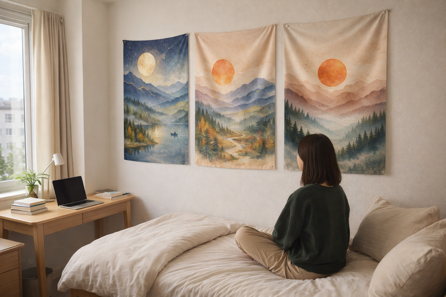 Boho Mountain Landscape Tapestry Set of 3 – Sunset & Moon Nature Wall Art, Forest Lake Triptych, Cozy Living Room Decor