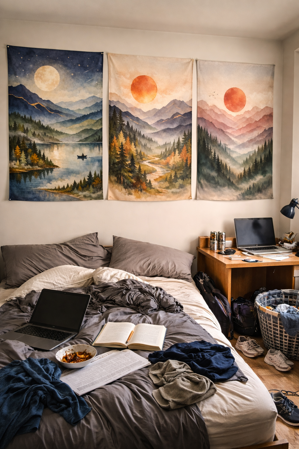 Boho Mountain Landscape Tapestry Set of 3 – Sunset & Moon Nature Wall Art, Forest Lake Triptych, Cozy Living Room Decor