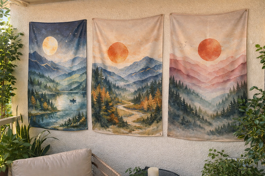 Boho Mountain Landscape Tapestry Set of 3 – Sunset & Moon Nature Wall Art, Forest Lake Triptych, Cozy Living Room Decor