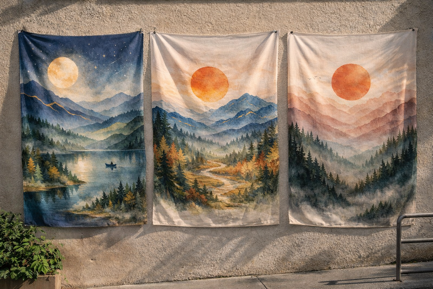 Boho Mountain Landscape Tapestry Set of 3 – Sunset & Moon Nature Wall Art, Forest Lake Triptych, Cozy Living Room Decor
