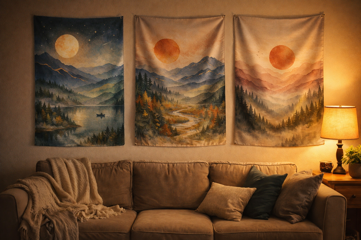 Boho Mountain Landscape Tapestry Set of 3 – Sunset & Moon Nature Wall Art, Forest Lake Triptych, Cozy Living Room Decor