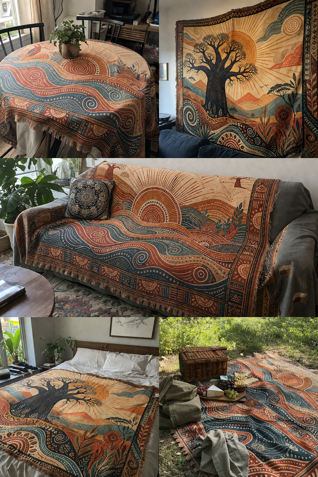 Sunrise Baobab & Tribal Waves Woven Tapestry Set – Boho Wall Decor (Set of 2)