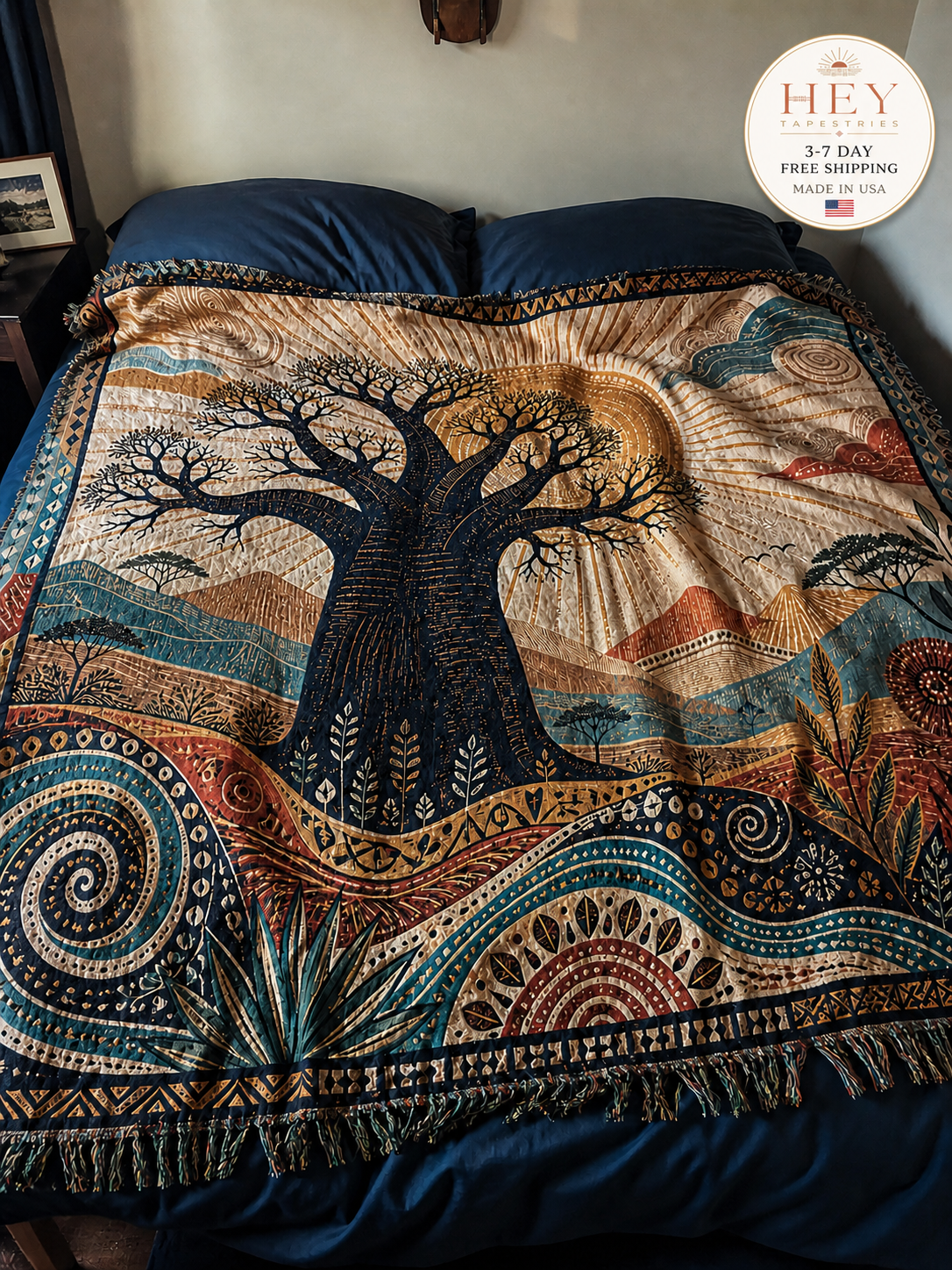 Sunrise Baobab & Tribal Waves Woven Tapestry Set – Boho Wall Decor (Set of 2)