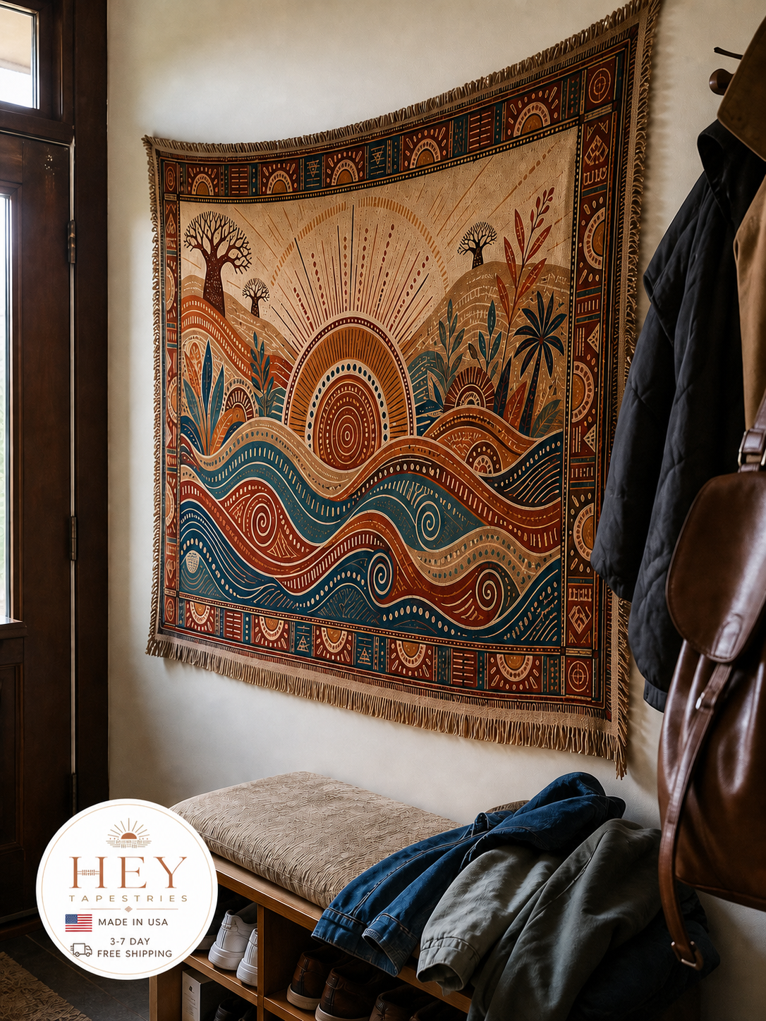 Sunrise Baobab & Tribal Waves Woven Tapestry Set – Boho Wall Decor (Set of 2)