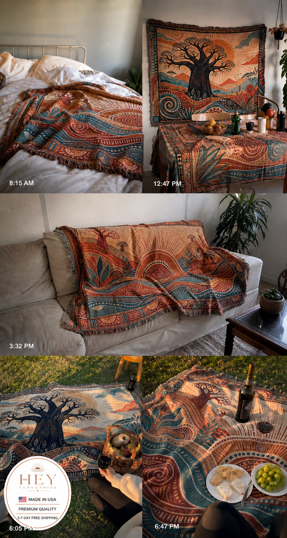 Sunrise Baobab & Tribal Waves Woven Tapestry Set – Boho Wall Decor (Set of 2)