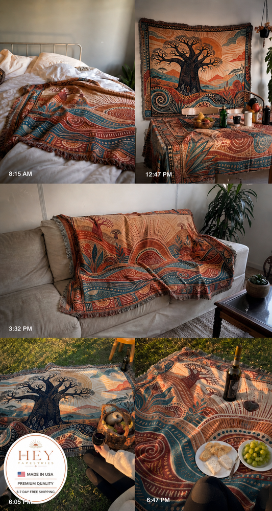 Sunrise Baobab & Tribal Waves Woven Tapestry Set – Boho Wall Decor (Set of 2)