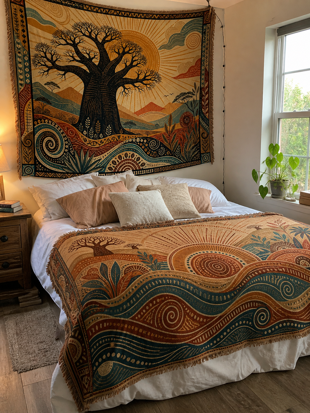 Sunrise Baobab & Tribal Waves Woven Tapestry Set – Boho Wall Decor (Set of 2)