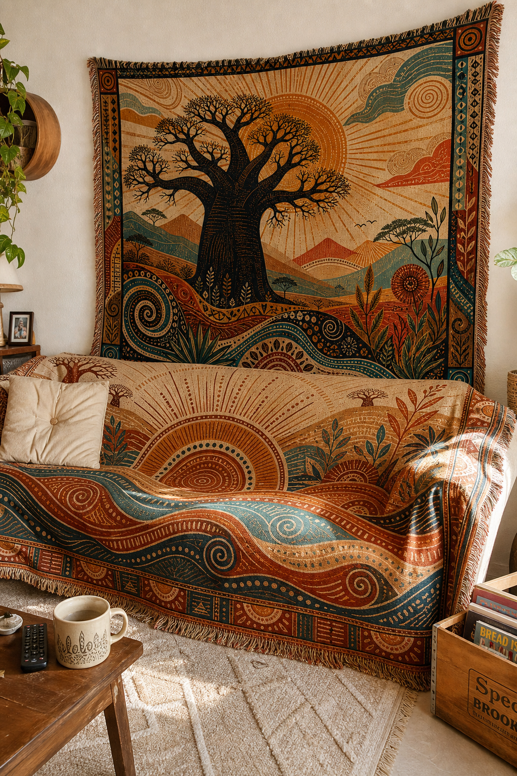 Sunrise Baobab & Tribal Waves Woven Tapestry Set – Boho Wall Decor (Set of 2)