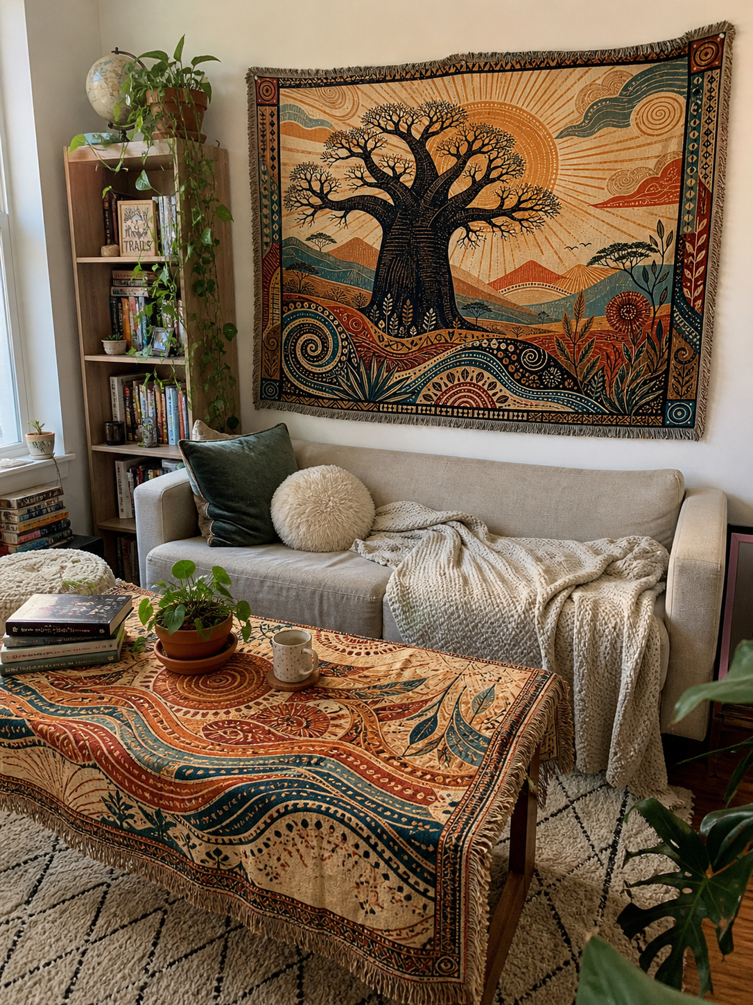 Sunrise Baobab & Tribal Waves Woven Tapestry Set – Boho Wall Decor (Set of 2)