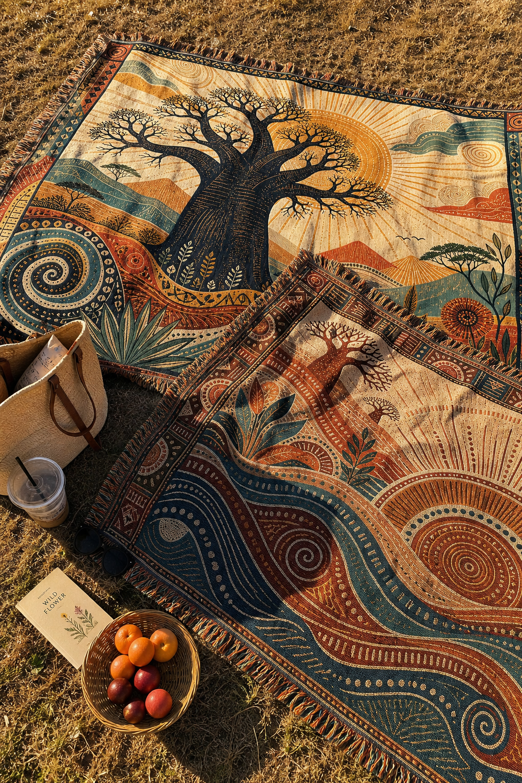 Sunrise Baobab & Tribal Waves Woven Tapestry Set – Boho Wall Decor (Set of 2)